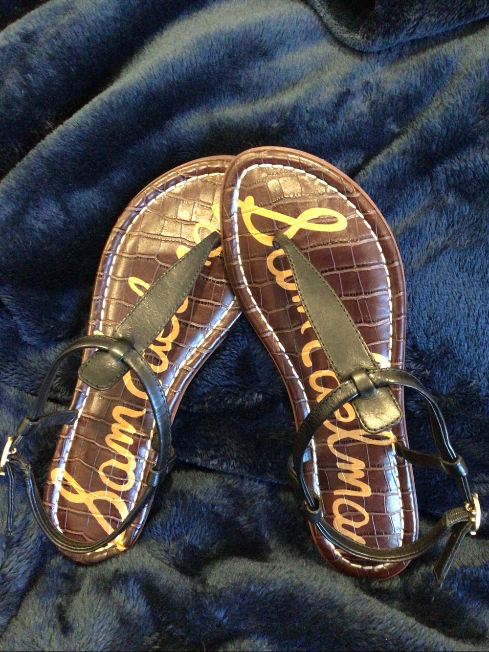 Sam Edelman Black T-Strap Sandals with Gold Buckle